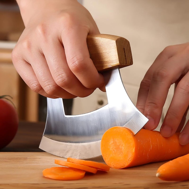 WiuCYS 5inch Alaskan Mezzaluna Ulu Knife, Salad Veggies Rocker Chopper Slicer Cutter Hashing Chopping Mincing Cleaver with Wooden Stand Arthritic Tool - Image 4